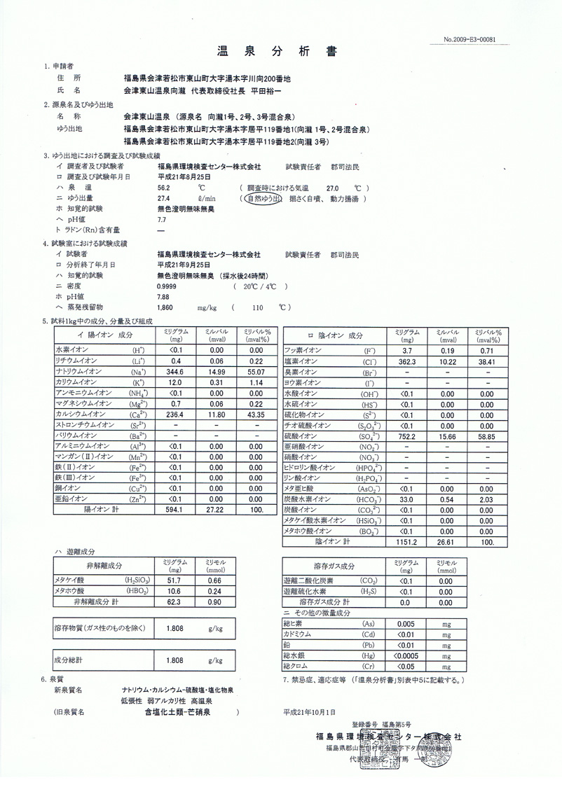 会津東山温泉　向瀧　Hot spring analysis table