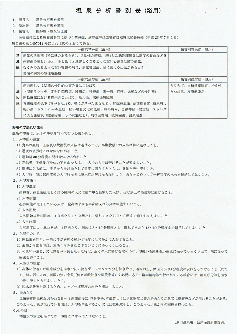 会津東山温泉　向瀧　Hot spring analysis table02